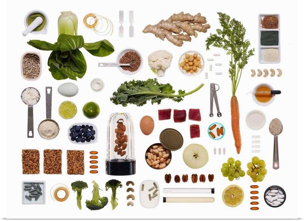Healthy food grid on a white background.