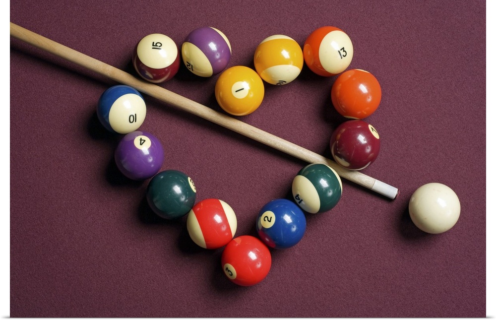 Heart shaped billiard balls with cue ball and stick