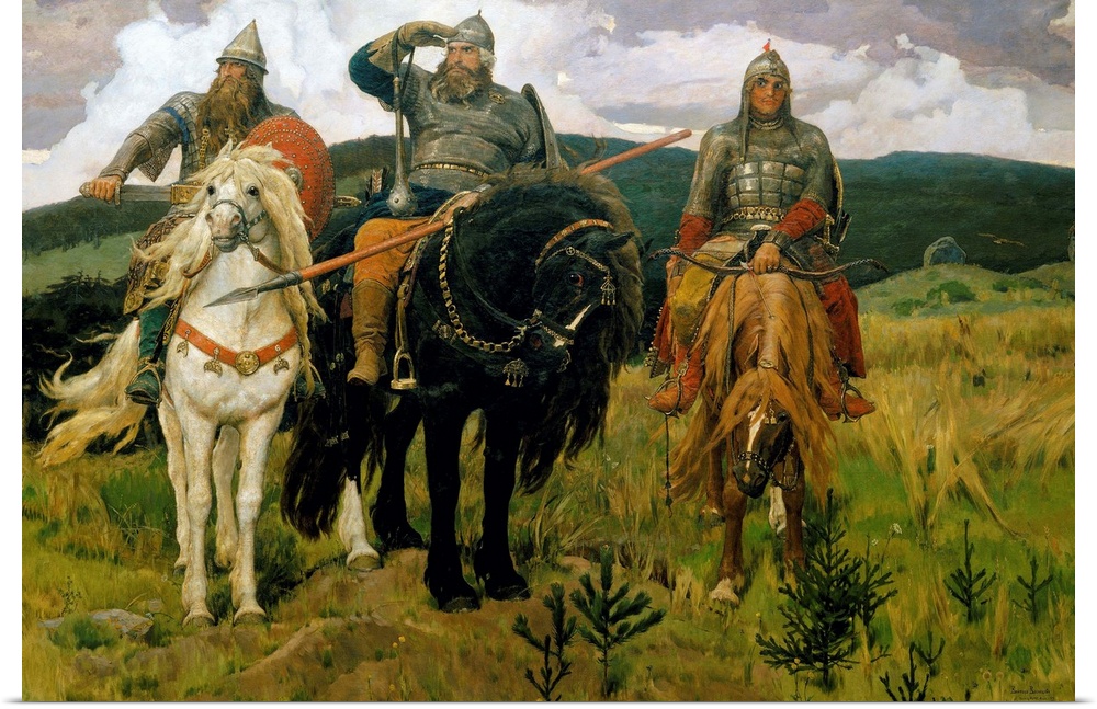 Heroes (Bogatyri, or Three Bogatyrs). 1881-1898. Oil on canvas. 446 x 295.3 cm (175.6 x 116.3 in). Tretyakov Gallery, Mosc...