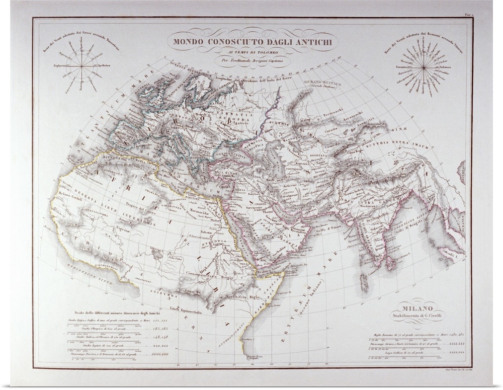 Antique world map showing the continents with longitude and latitude grid lines.  There are also tow compasses inset.