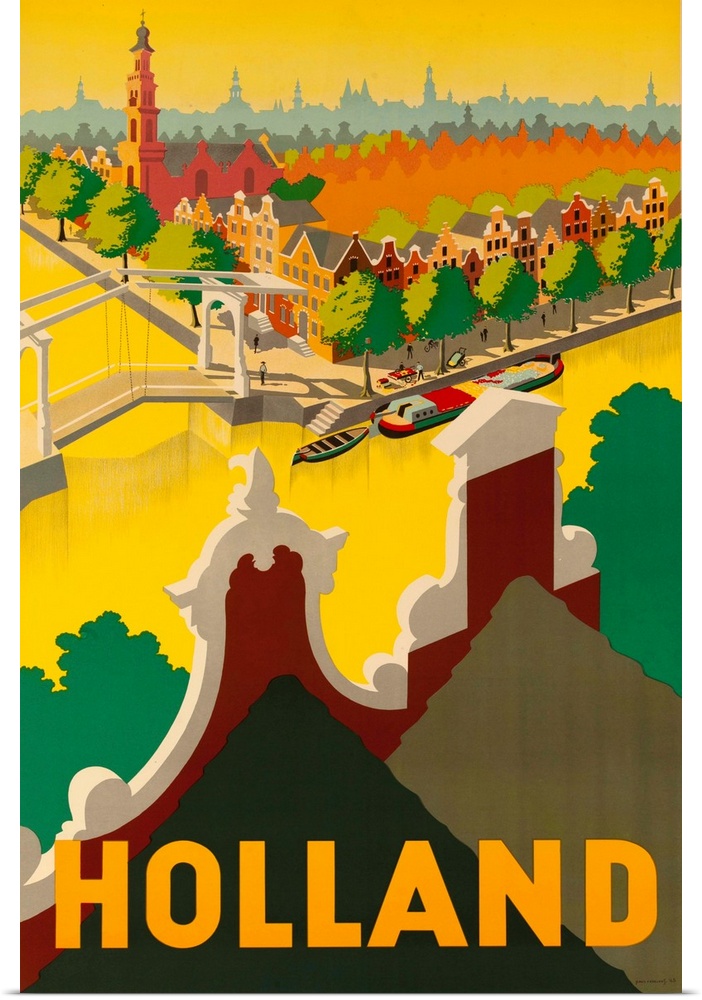 1945 Dutch travel poster illustrated by Paul Erkelens. Holland canal, bridges and cityscape advertise the country as a rom...