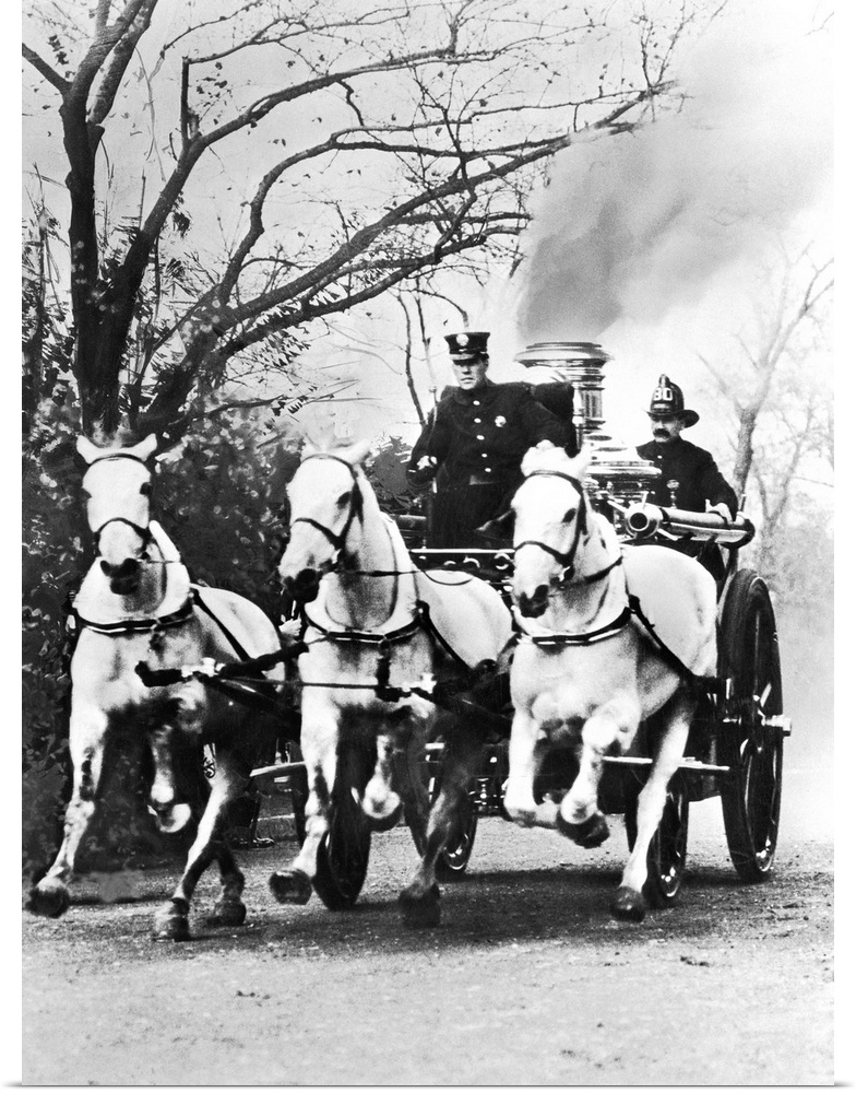 Horse-drawn steam fire engine, racing to a fire.