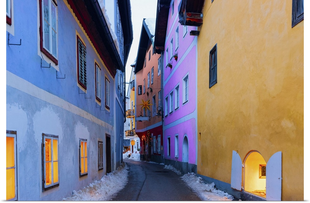 Houses on Narrow street in Hallstatt near Salzburg in Austria, Europe in Winter.