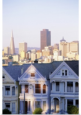 Houses with skyscraper skyline behind it, Alamo Square, San Francisco