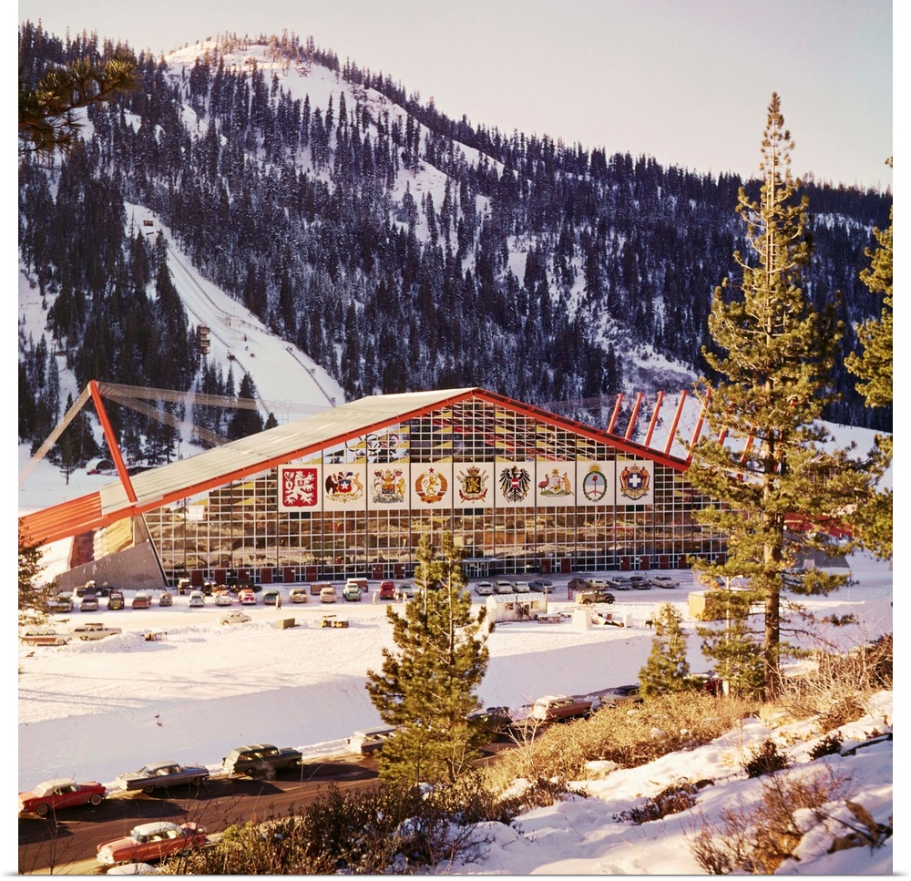 Squaw Valley, CA.: Ice arena to be used in 1960 Winter Olympics showing colorful panels of participating nations.