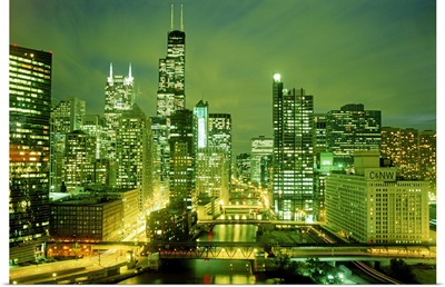 Illinois, Chicago, city skyline, night