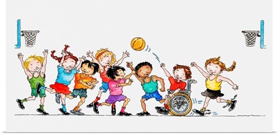 Illustration of a group of children playing basketball