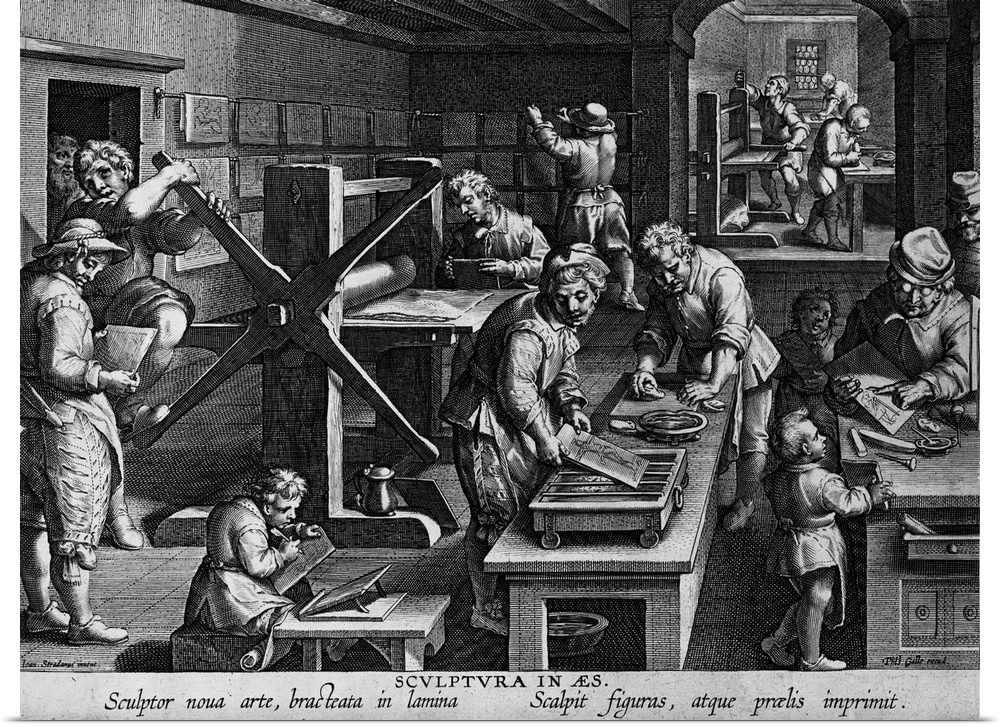 Illustration of a 16th century printing shop showing engravers and hand-operated printing presses.