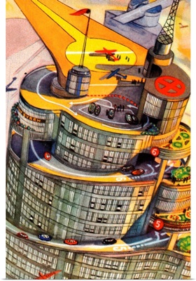 Illustration Of Futuristic Skyscraper With Rooftop Airport