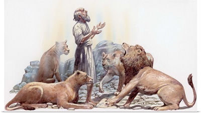 Illustration Of Hebrew Prophet Daniel Praying Surrounded By Four Tame Lions
