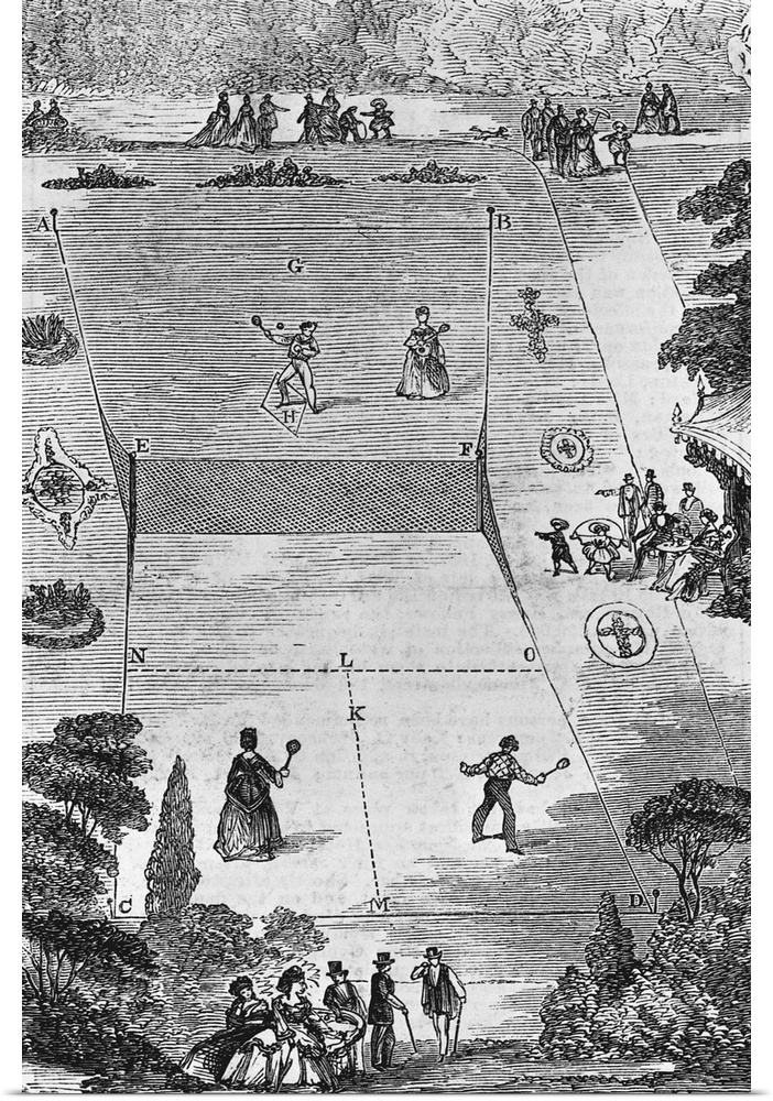 Pastimes : Lawn Tennis. An illustration of a group of people playing lawn tennis. The following account of Major Wingfield...