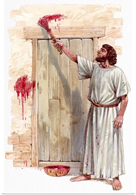 Illustration of Israelite man painting blood of passover lamb on wooden door post