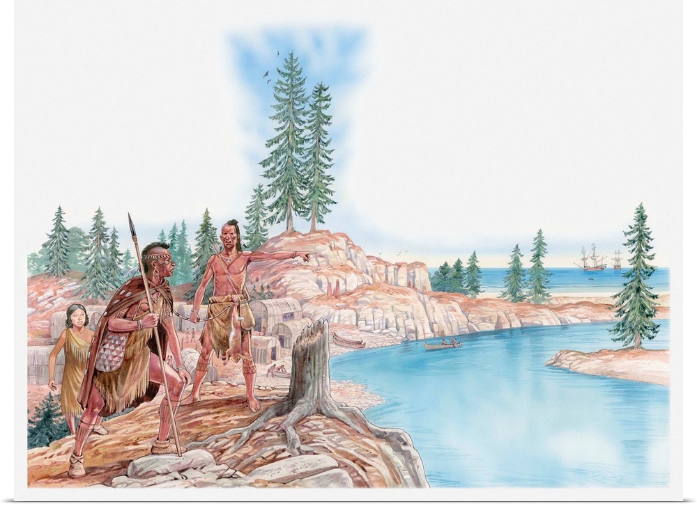 Illustration of Native Americans pointing with young Pocahontas standing behind