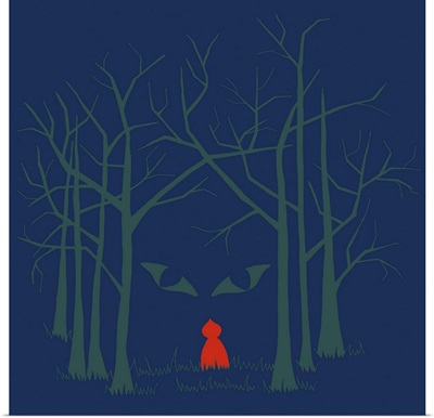 Illustration. Red riding hood going to the dark forest.
