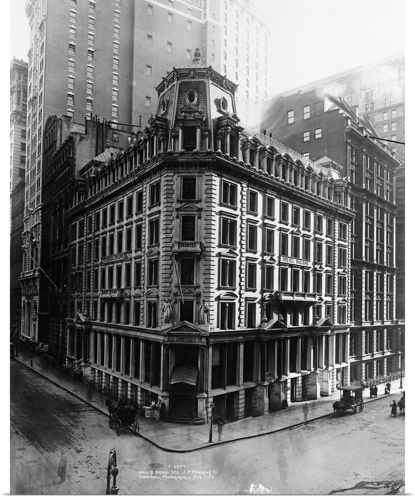 The offices of J.P. Morgan and Company, on a corner of Broad and Wall Streets, Manhattan.