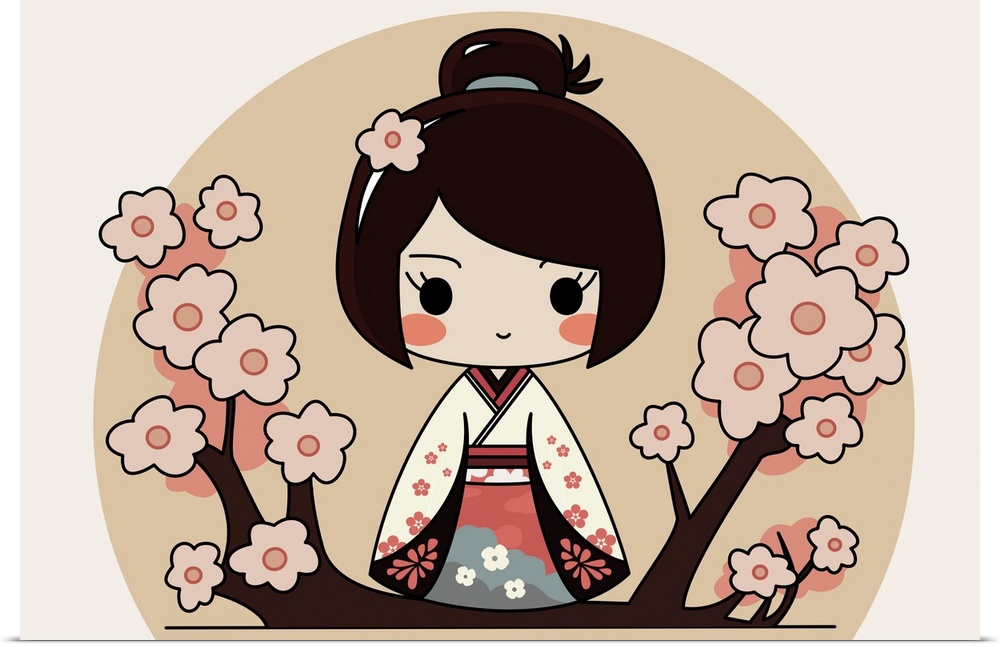 Japanese chibi female character with traditional kimono. Sakura flowers, hanami background. Originally a vector illustration.