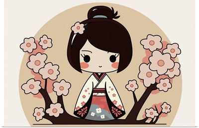 Japanese Chibi Female Character With Traditional Kimono And Sakura Flowers