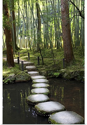 Japanese garden stone path over pond