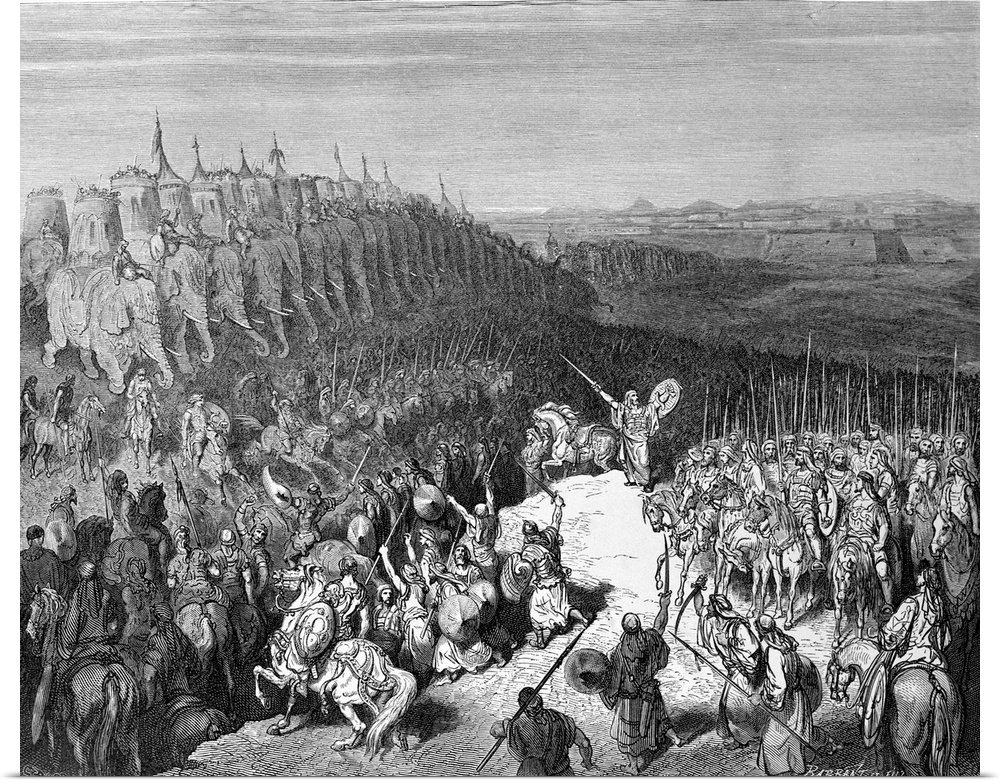 Judas Maccabeus encouraging the Israelites in front of the army of Nikanor. Woodcut by Gustave Dore.