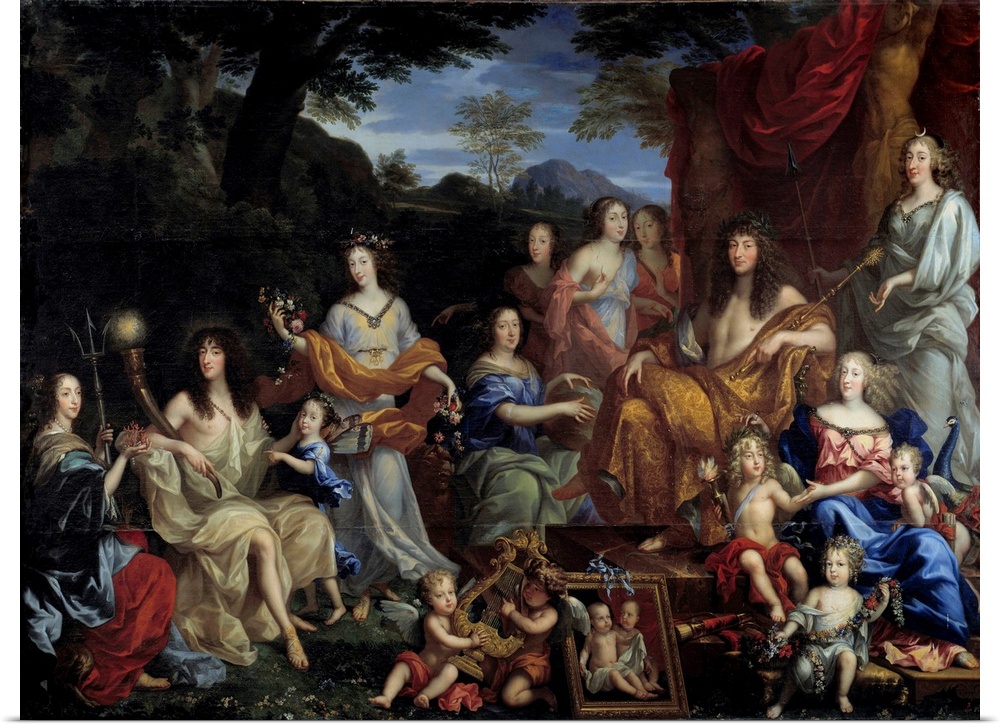 The king Louis XIV and his family dressed up in mythological figures. The King -on the right- seated on a throne, as Apoll...