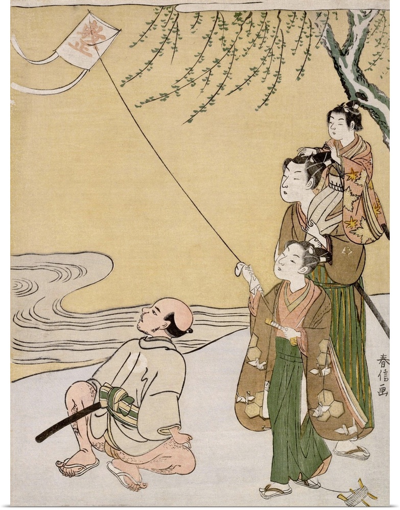 Illustration of a boy playing with a kite accompanied by his family made by Japanese artist Suzuki Harunobu during the Edo...