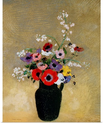 Large Green Vase With Mixed Flowers By Odilon Redon
