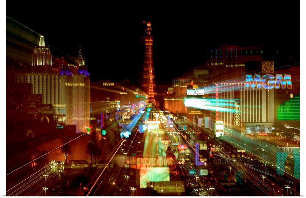 This cityscape wall hanging is a time-lapsed photograph of the neon lights with the casino magnified.
