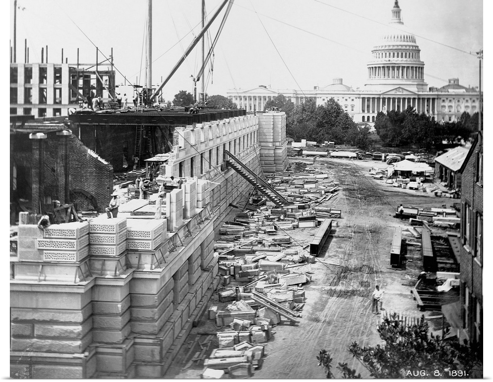 The basement and first floor of the Library of Congress are under construction. The U. S. Capitol can be seen in the backg...