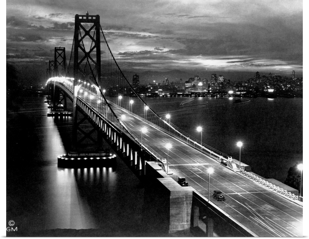 Lights illuminate the San Francisco Oakland Bay Bridge after its completion in 1936. The bridge, designed by Charles H. Pu...