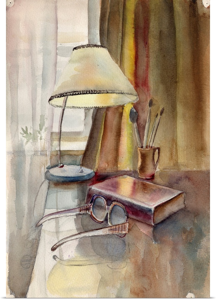 Watercolor still life of a book, eyeglasses, and vase with brushes and a table vintage lamp on a polished wooden desk near...