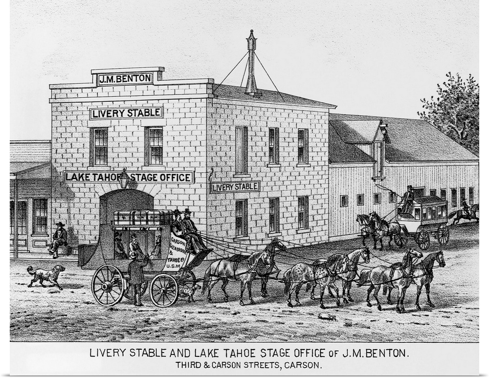 A stagecoach parked outside the livery stable and office of the Lake Tahoe Stage Company prepares for departure, Carson Ci...