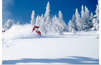 Lone skier riding through powder, British Columbia, Canada