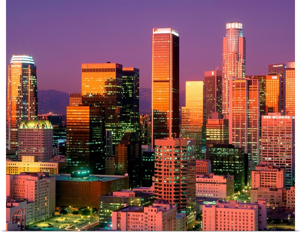 Landscape, close up photograph on a large wall hanging of brightly lit skyscrapers in downtown Los Angeles, against a vibr...