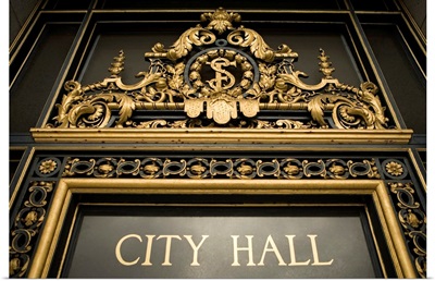 Low angle view of a signboard, City Hall, California, USA
