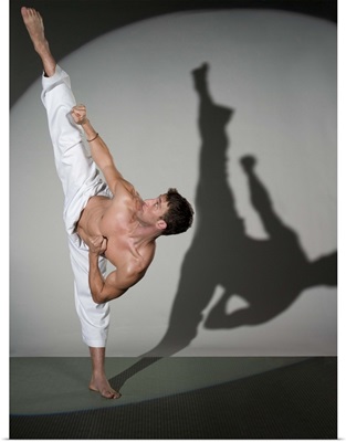 Male martial artist performing kick, studio shot
