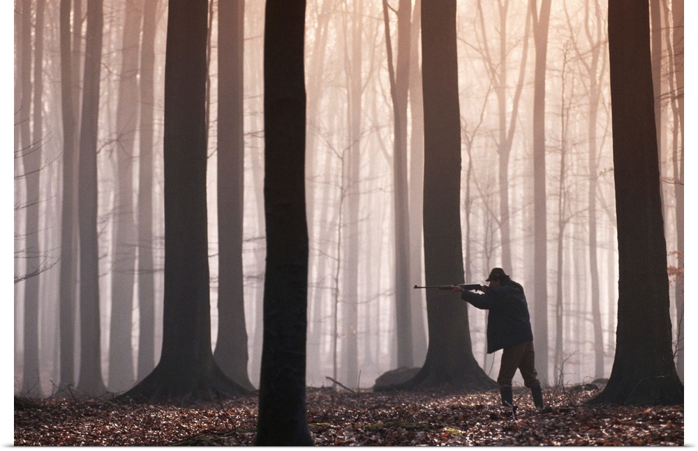 Man aiming shotgun in forest