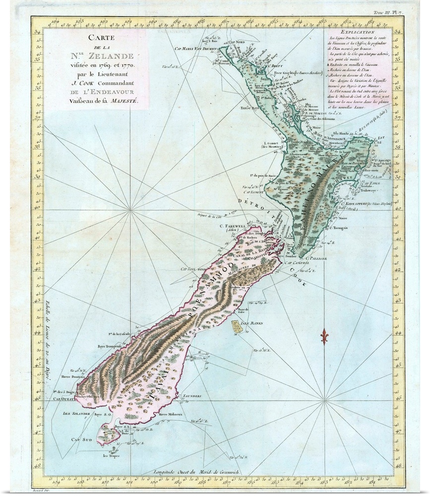 French copy of Cook's first map of New Zealand, showing the route of the Endeavour around the islands from October 6, 1769...