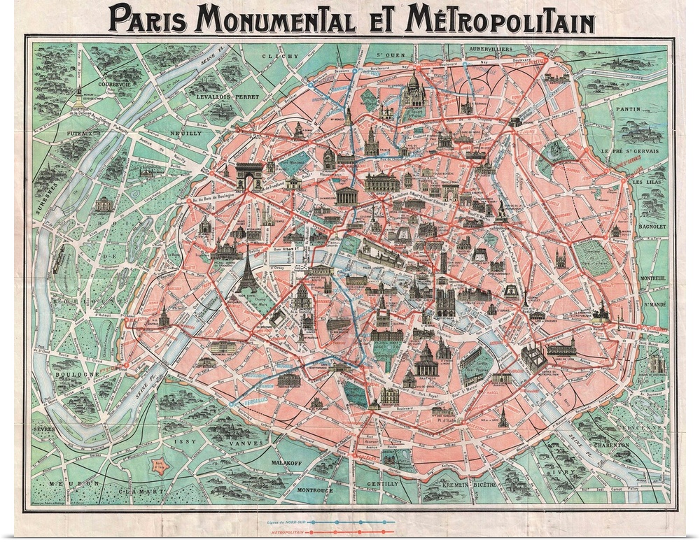 Paris Monumental et Metropolitain, a 1932 tourist map of Paris with all major monuments and the train and metro lines show...