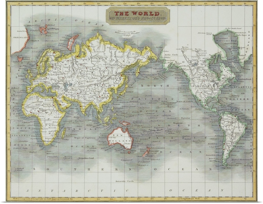 Antique map of the world with the ocean levels reprensented by contrasting shades and rivers and strems highlighted in eac...
