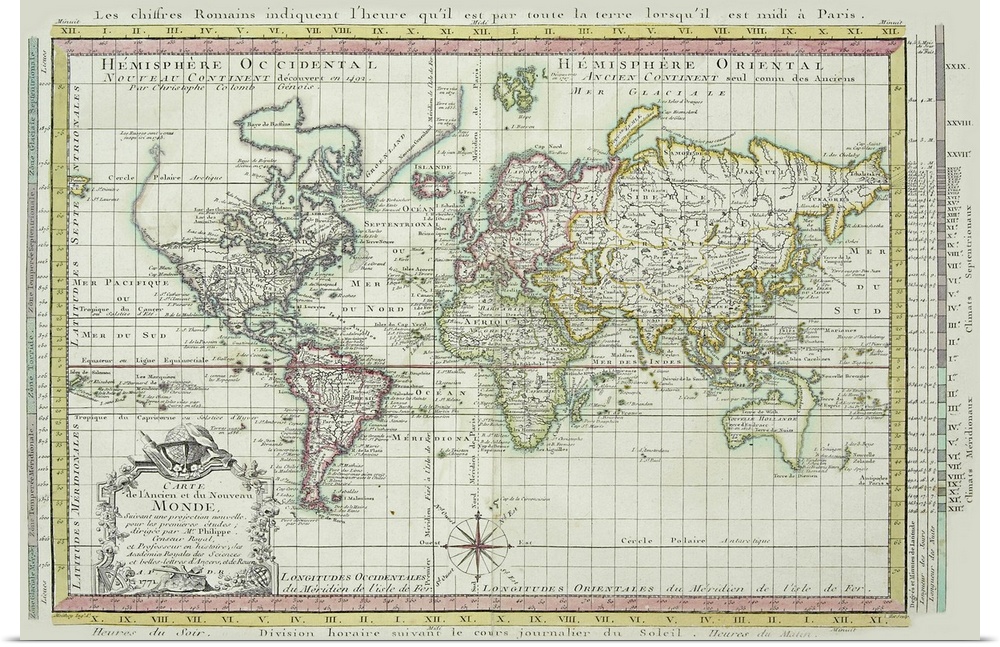 An antique map of the world when the United States was being discovered. A grid is overlaid onto the entire map.