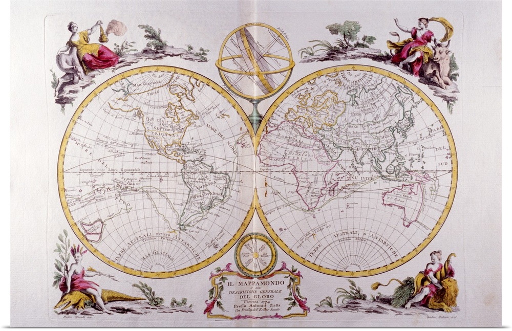 An antique map of the worlds with embellishments, allegorical personifications, graticules, country, and ocean names.