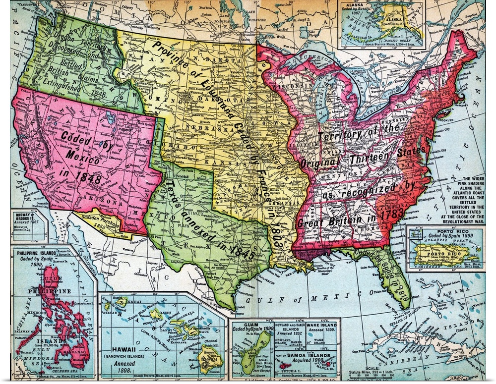 Map of the United States and its possessions, showing territorial growth from the original thirteen colonies. Undated engr...