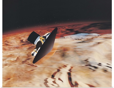 Mars piloted vehicle performing an aerobrake maneuver over Mars