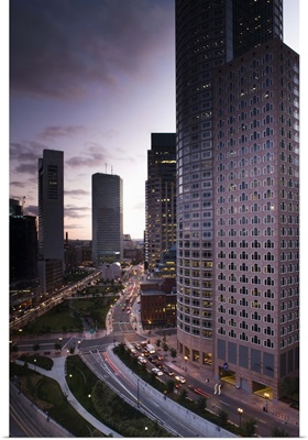 Massachusetts, Boston, Atlantic Avenue Greenway and Financial District buildings