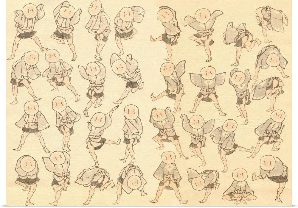 Sketch of men dancing from The Hokusai Manga (Random Sketches by Hokusai), a collection of woodblock print sketches in thr...