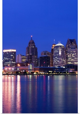 Michigan, Detroit, City Skyline along Detroit River from Windsor, Ontario