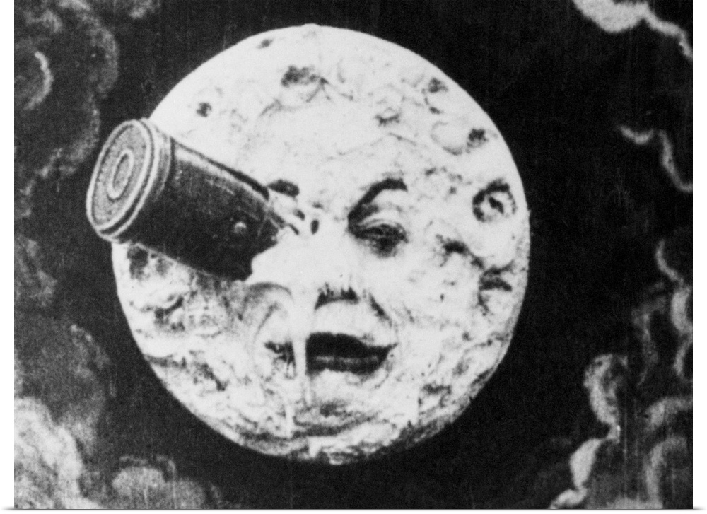 Depiction of Man in the Moon with a rocket in his eye from the 1914 silent animated film A Trip to the Moon directed by Ge...