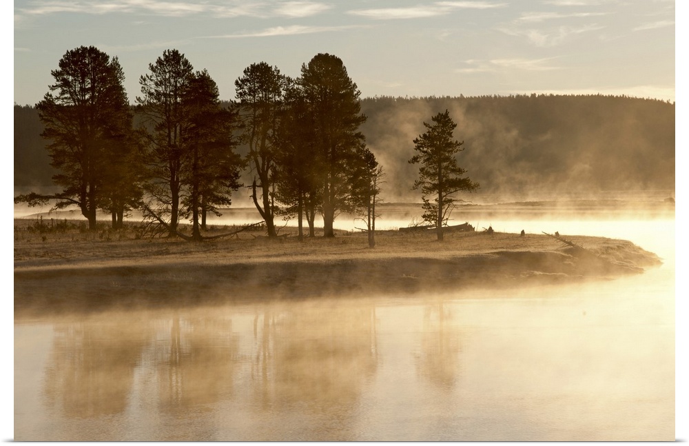 Morning mists in Fall along Yellowstone River in Hayden Valley, Yellowstone NP.