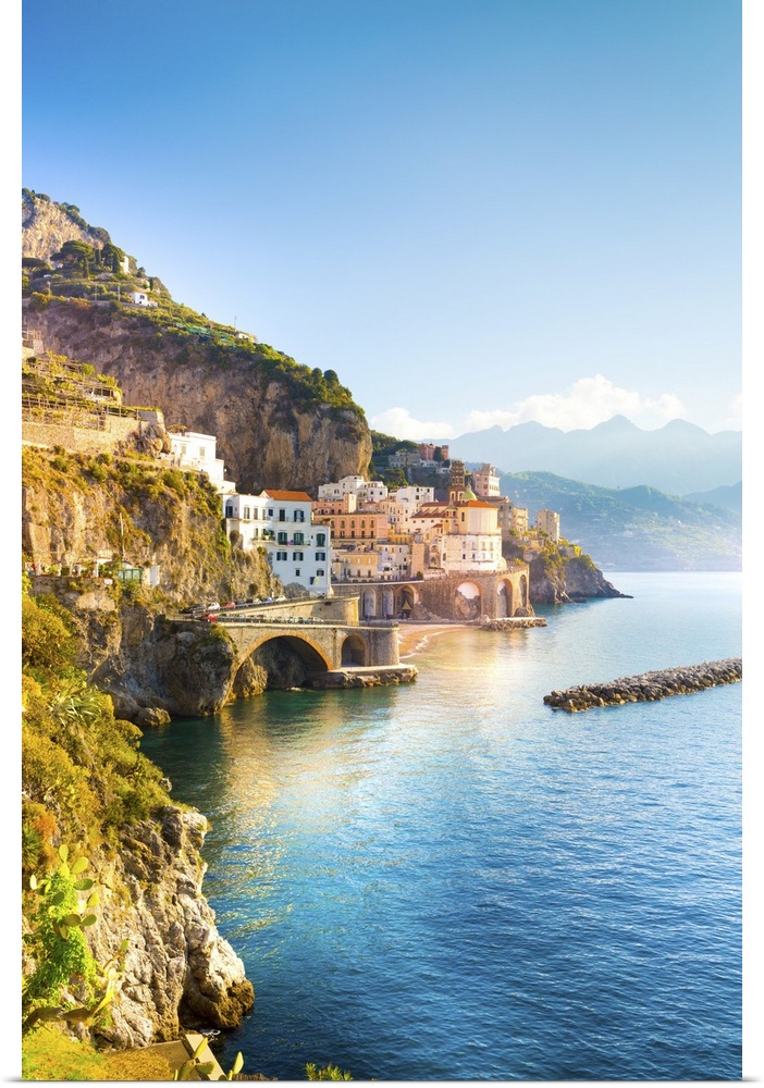 Morning view of Amalfi cityscape on coast line of mediterranean sea, Italy.