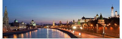 Moscow River, Cityscape with Cathedral of Christ the Saviour and Kremlin at dusk